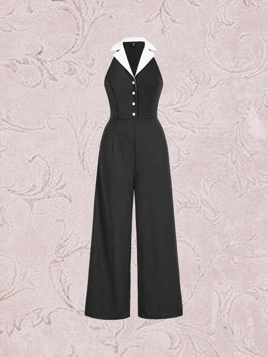 Vintamour Cổ áo tương phản Nút phía trước Áo liền quần ống rộng Không có thắt lưng - màu đen - Xem 1