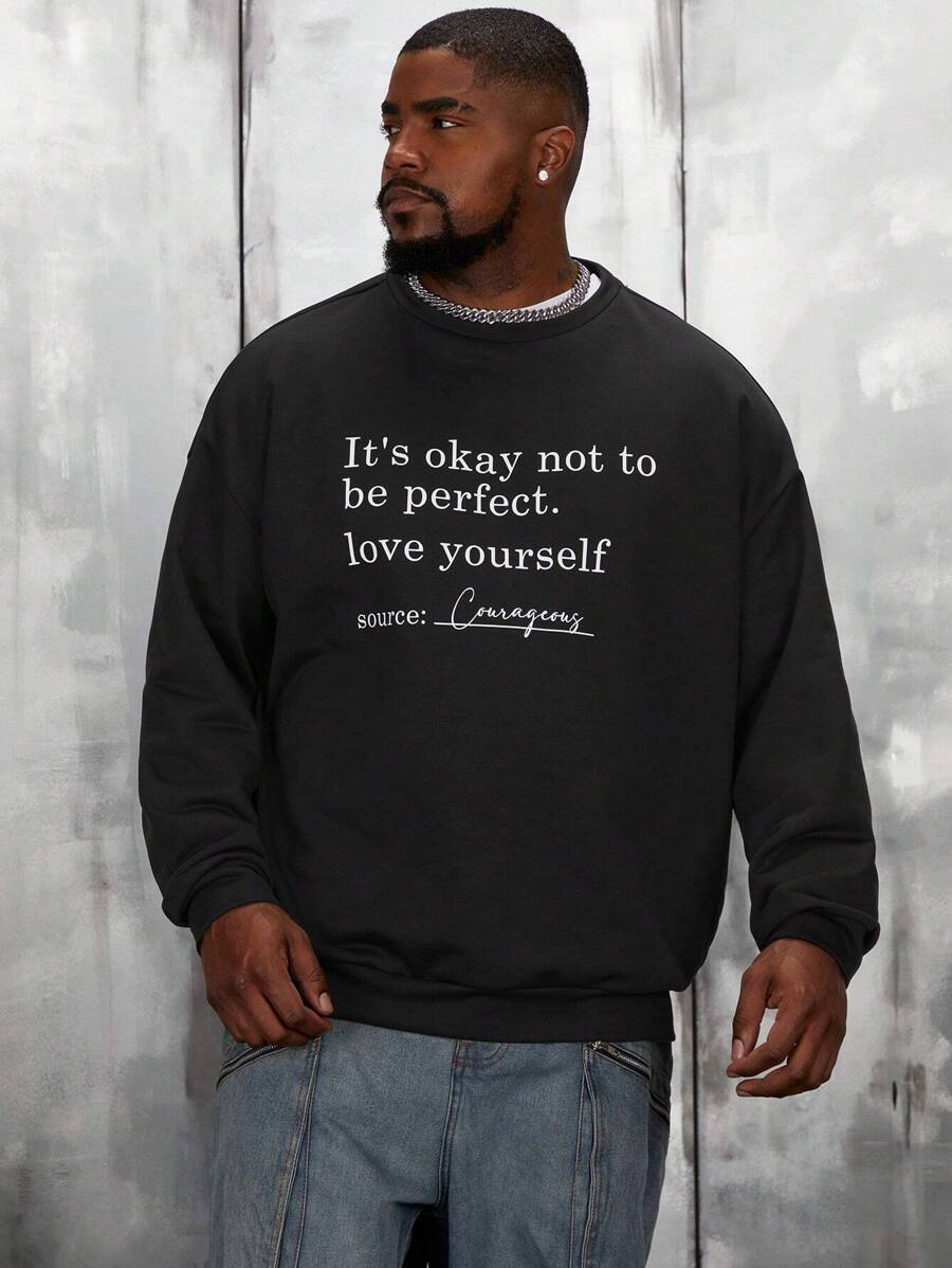 Manfinity VCAY Oversized Men Plus Size Slogan Graphic Drop Shoulder Sweatshirt, For Fall Winter - Black - View 1