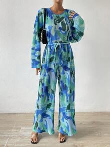Breezaya Allover Print Belted Wide Leg Jumpsuit
