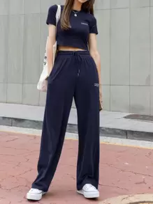 DAZY 女士字母印花圆领短袖T恤和裤子两件套，商务休闲风秋冬家居服套装 - 藏蓝色 - 查看 3