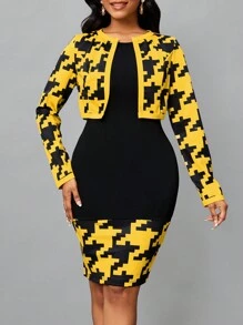 SHEIN Lady 千鳥格印花開門襟夾克&緊身洋裝 - 彩色 - 查看 4