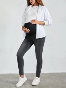 RueChic Thai sản Thắt lưng băng rộng Quần jean ôm - Xám - Xem 4