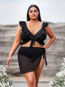 SHEIN Swim Curve Plus Ruffle Trim Knot Front Bikini Set With Beach Skirt - Black - View 1