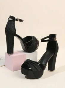 Fall/Winter 2025 Women's Waterproof Platform High Heel Open Toe Sandals, Chunky Heel, Suitable For Nightclub Party, Spring & Summer,Sexy,Women Pumps - 黑色 - 查看 3