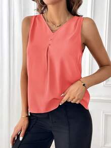 SHEIN Essnce Solid Button Detail Sleeveless Blouse - Watermelon Pink - View 5
