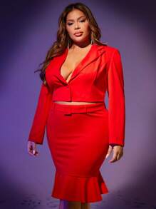 SHEIN SXY Plus Lapel Neck Crop Blazer & Mermaid Hem Skirt