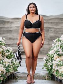 SHEIN Swim Curve Plus款車縫褶皺比基尼套裝 - 黑色 - 查看 3