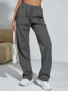 SHEIN Unity Drawstring Waist Slant Pocket Solid Sweatpants Graduation,Back To School Outfits,Graduation,Teacher Outfits For Women,Back To School - Dark Grey - View 3