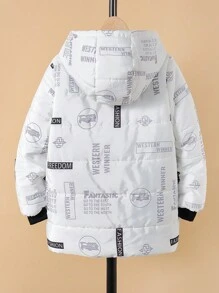 Tween Boy Slogan Graphic Hooded Padded Coat Without Sweater