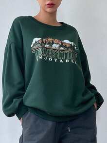 DAZY Mountain & Letter Graphic Drop Shoulder Sweatshirt - Army Green - View 6