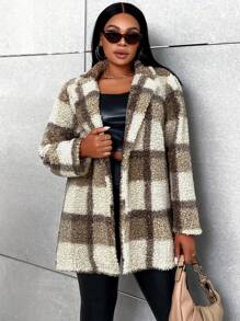 Celure Plus Plaid Print Open Front Teddy Coat - Multicolor - View 1