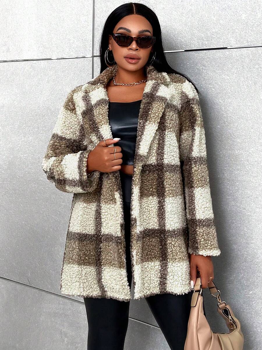 Celure Plus Plaid Print Open Front Teddy Coat - Multicolor - View 1
