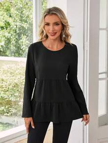 EMERY ROSE Blusa peplum unicolor bajo con fruncido - Negro - Ver 6