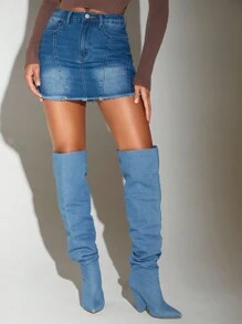 SHEIN BAE Rhinestone Detail Raw Hem Denim Skirt