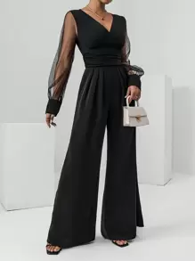 Firerie Contrast Mesh Bishop Sleeve Ruched Waist Wide Leg Jumpsuit - Black - View 5