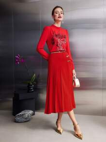 MOTF PREMIUM PLEATED FROG BUTTON SKIRT - Red - View 7