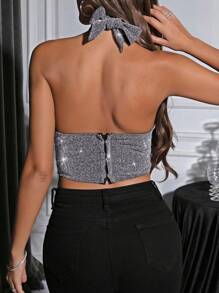 Zolique Glitter Cross Wrap Tied Backless Halter Top - Silver - View 2