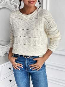 Chiquease Solid Pointelle Knit Drop Shoulder Sweater Knit Pullover Fall Winter Outfit - Apricot - View 6