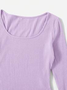 SHEIN EZwear 净色罗纹针织连体衣 - 淡紫色 - 查看 4