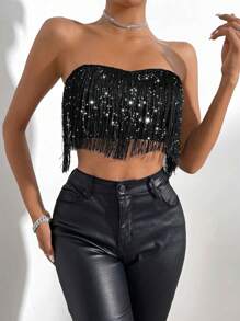 Allurite Fringe Trim Crop Tube Top For Holiday Party Clothes