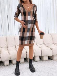 SHEIN Maternity Plaid Pattern Drop Shoulder Sweater Dress, For Winter - Multicolor - View 5