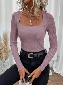 SHEIN Frenchy Square Neck Ribbed Knit Sweater In Fall/Winter - Purple - View 3