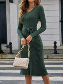 SHEIN Clasi 條紋針織腰帶毛衣洋裝 - 墨綠色 - 查看 1