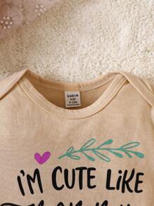 Baby Girl Summer Casual Slogan Heart Printed Bodysuit - Khaki - View 4