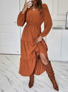 SHEIN Essnce Chấm Swiss Xù Hoa Sen Váy chữ A - màu nâu - Xem 4