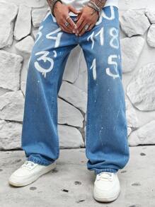 Manfinity EMRG 男士字母圖案直筒牛仔褲 - 中等水洗藍 - 查看 1