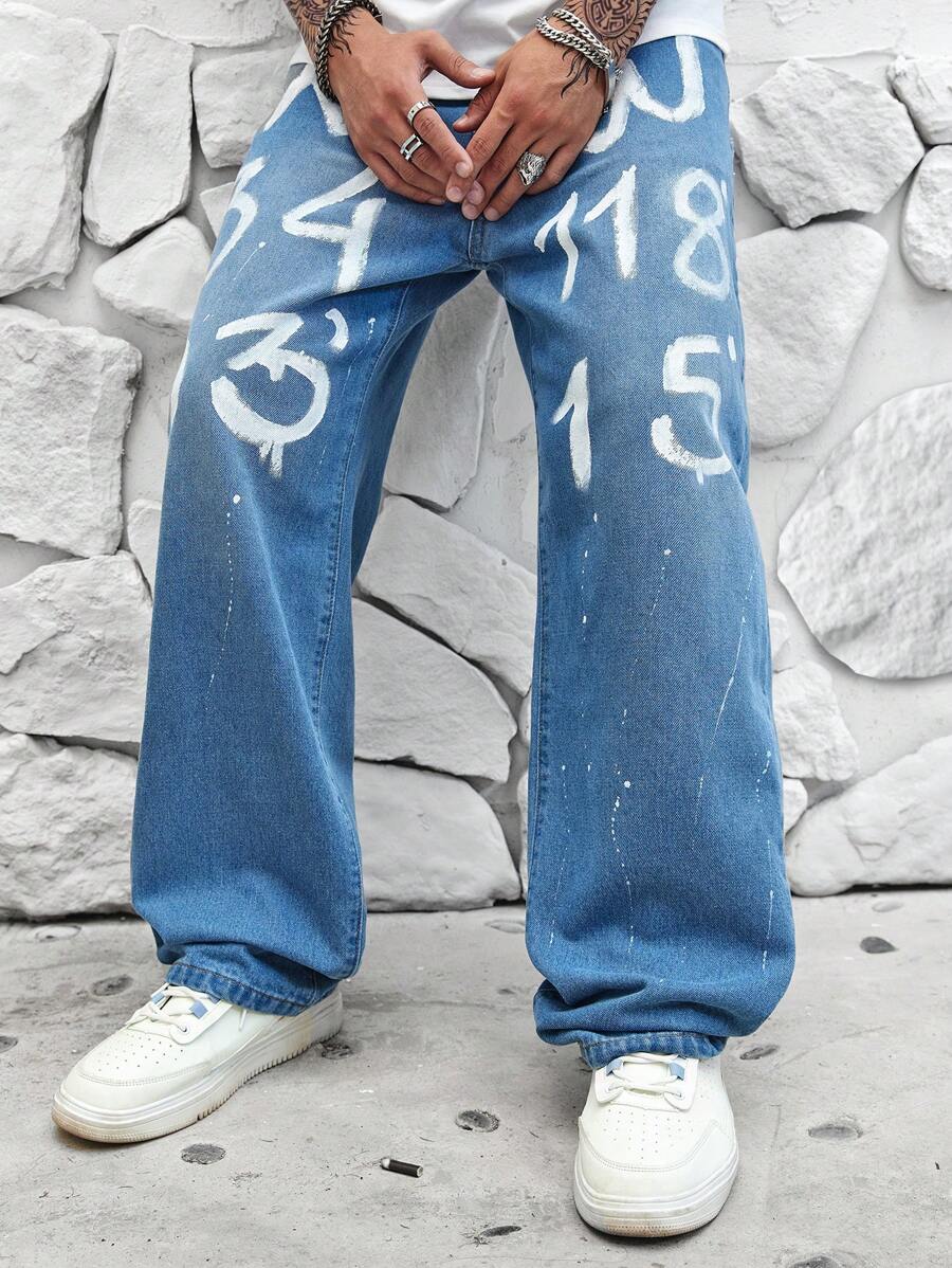 Manfinity EMRG 男士字母圖案直筒牛仔褲 - 中等水洗藍 - 查看 1