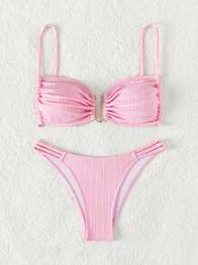 Swim Mod 夏日海灘純色褶皺胸型比基尼套裝 - 淺粉色 - 查看 5