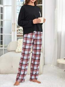 Plaid Pocket Patched Tee & Pants Lounge Set - Black - View 5