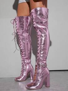 SHUZIA Metallic PU Leather Lace Up Design Thigh High Boots - Red Violet - View 4