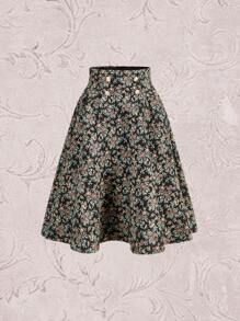 Vintamour Floral Print Button Detail Flare Skirt - Black - View 1