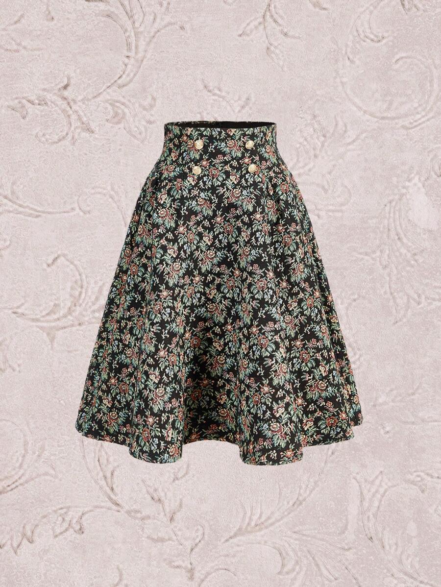 Vintamour Floral Print Button Detail Flare Skirt - Black - View 1