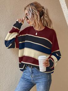 SHEIN LUNE Striped Pattern Drop Shoulder Oversized Sweater,Long Sleeve Tops - Multicolor - View 1