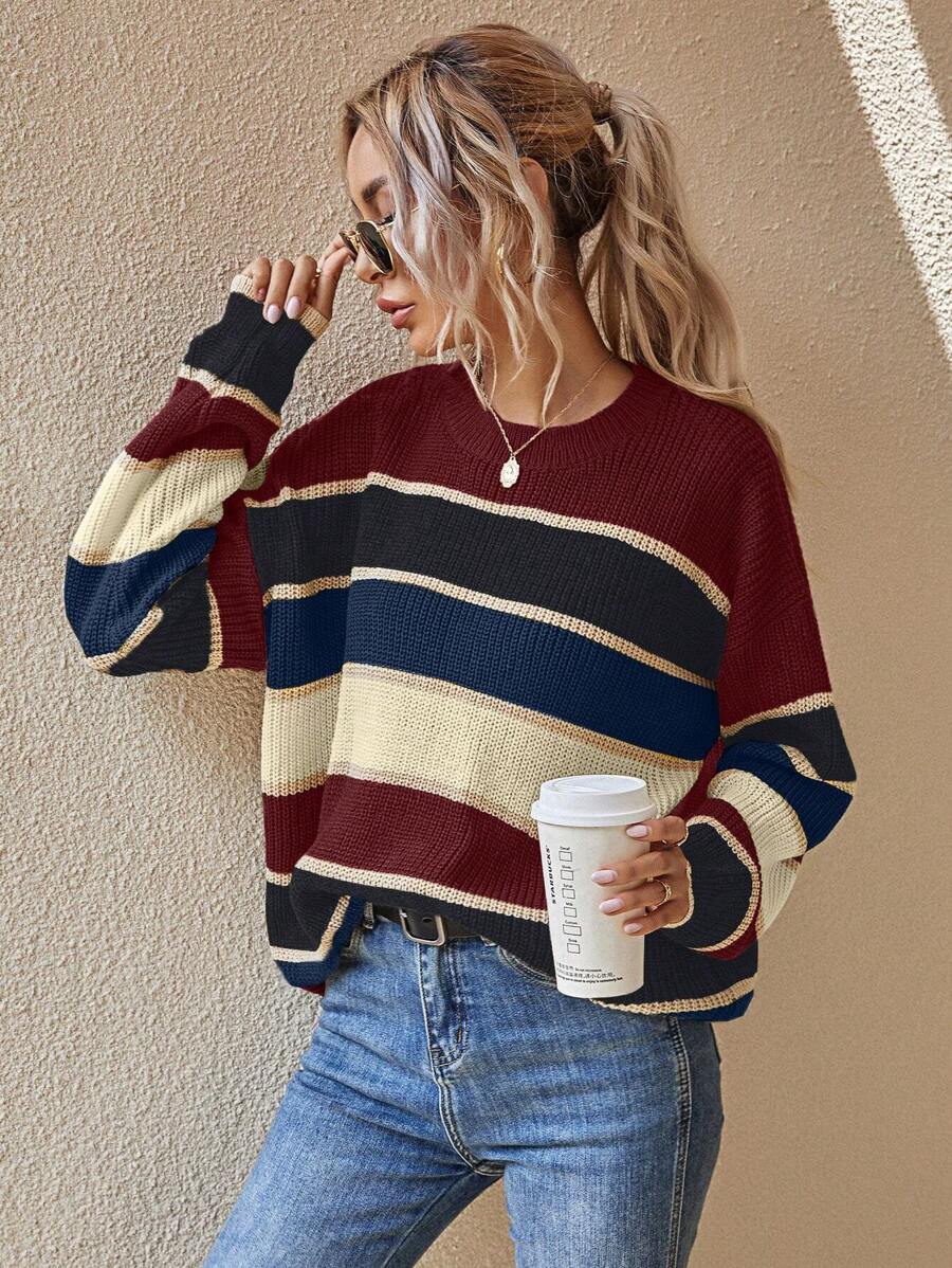 SHEIN LUNE Striped Pattern Drop Shoulder Oversized Sweater,Long Sleeve Tops - Multicolor - View 1