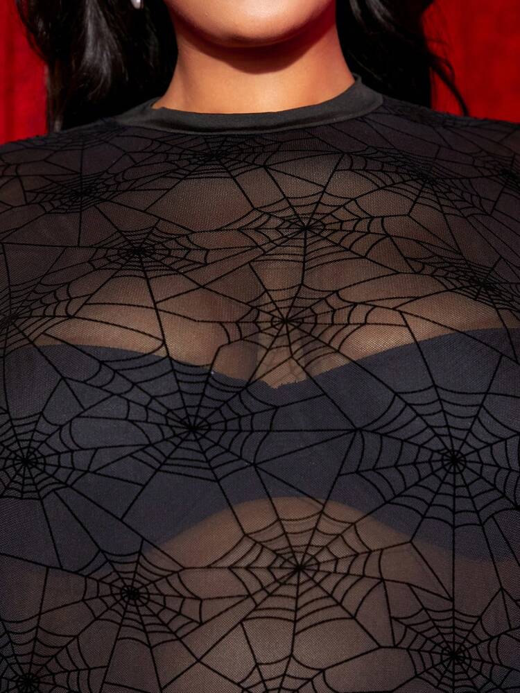 Plus Allover Spider Web Print Mesh Pullover Without Bra