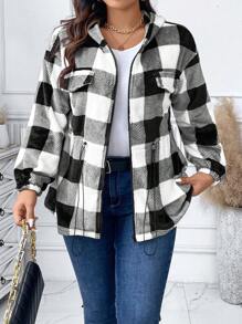 SHEIN LUNE 大碼格紋印花落肩袖腰部抽繩連帽夾克 - 黑與白 - 查看 1