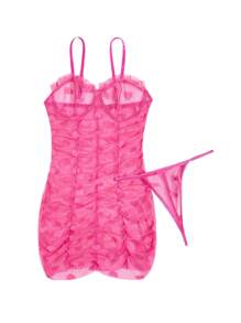 SHEIN Heart Mesh Frill Trim Underwire Sexy Lingerie Dress & Thong - Hot Pink - View 6