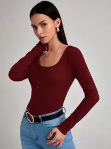 SHEIN BASICS 大圓領合適合身T恤 - 酒紅色 - 查看 6