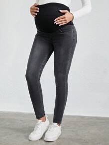 RueChic Thai sản Thắt lưng băng rộng Quần jean ôm - Xám - Xem 1