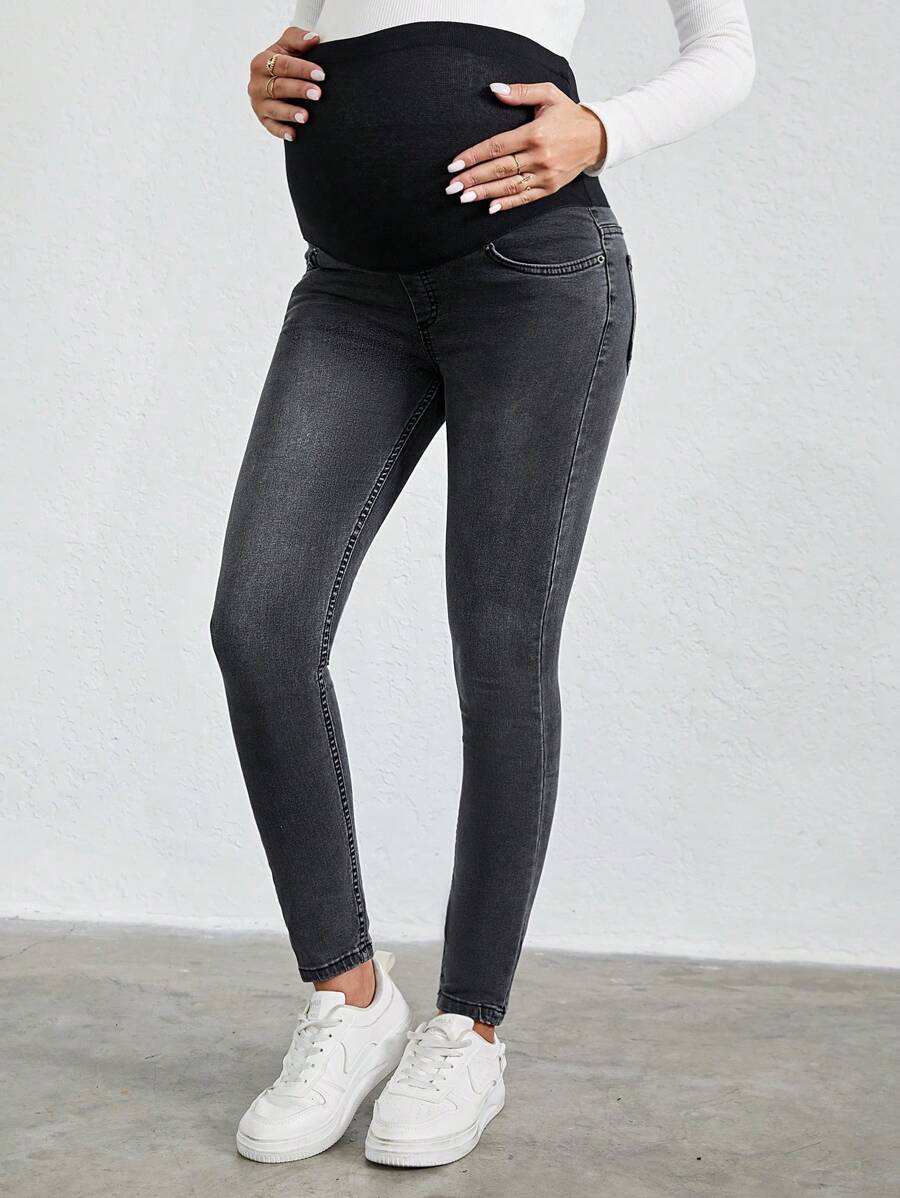 RueChic Thai sản Thắt lưng băng rộng Quần jean ôm - Xám - Xem 1