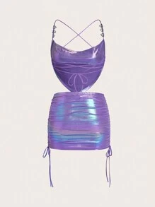 SHEIN ICON 鐳射手帕下擺吊帶上衣&側抽繩半身裙 - 紫色 - 查看 2