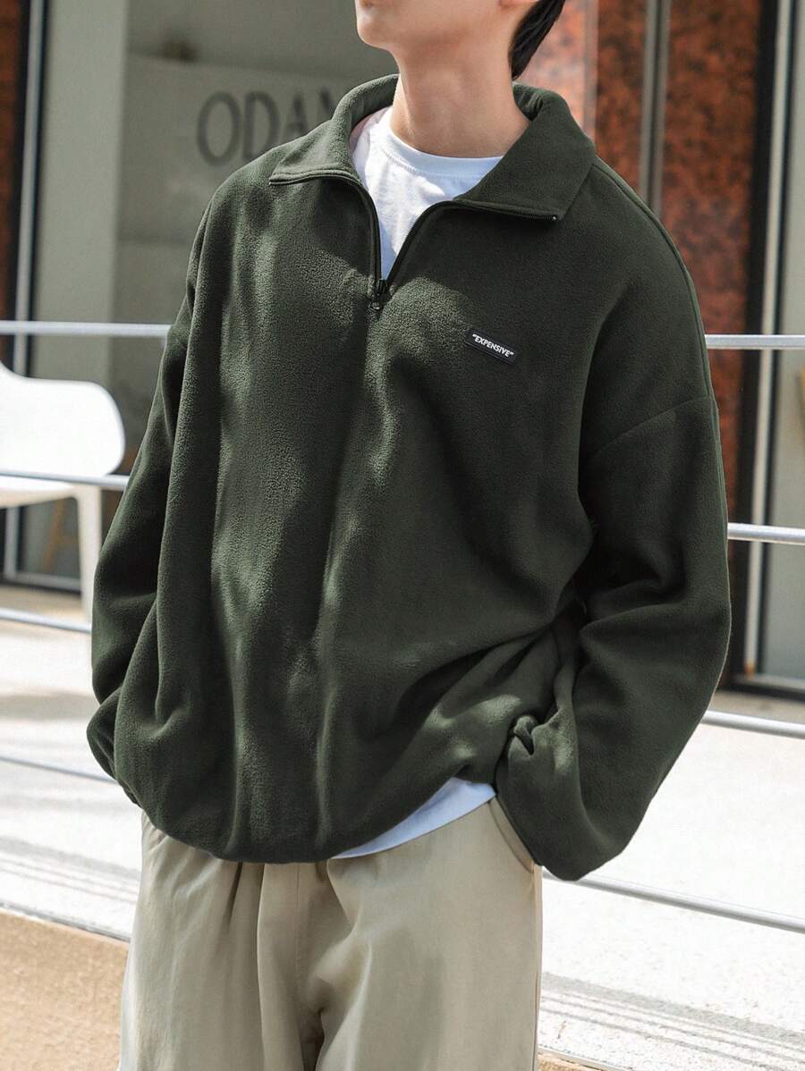 DAZY Áo sweatshirt nam cổ lửng có khóa kéo, in chữ, kiểu dáng thường ngày. - xanh quân đội - Xem 1