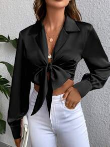 Chiquease Solid Knot Front Crop Satin Blouse Women Shirt Fall Cloth For Women - Black - View 4