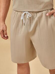 Manfinity Homme 男士大码素色半排扣襯衫和短褲 - 卡其色 - 查看 8