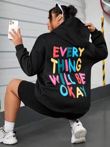 SHEIN EZwear Sudadera oversize con gráfico de eslogan y hombros caídos - Negro - Ver 1