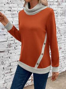 SHEIN LUNE Contrast Trim Button Detail Sweatshirt - Rust Brown - View 3